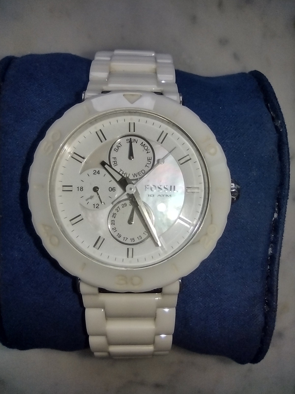 Fossil White Ceramic Pearl Dial Multifunction Watch New Battery